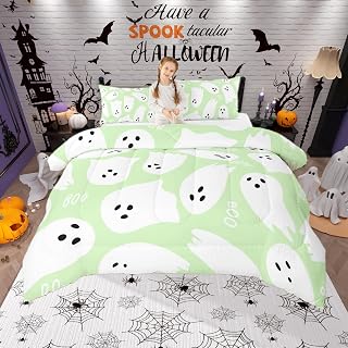 Castle Fairy White Green Watercolor Hand Draw Print 3 Pcs Queen Size Comforter Set,Halloween Down Alternative Adults Room Decor,Cartoon Ghost Ultra Soft Microfiber Inner Fill 3Pcs Bedding
