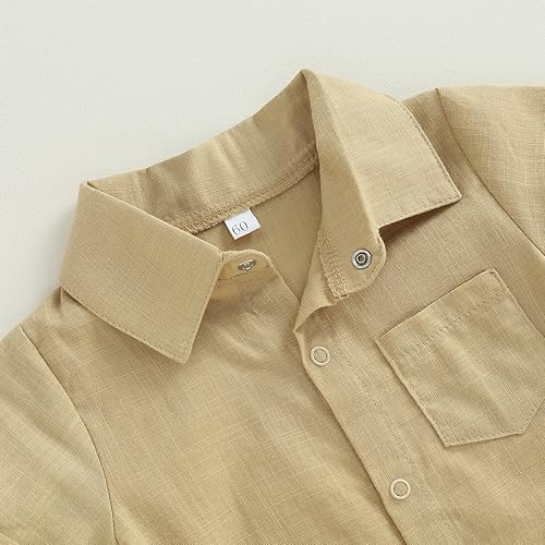 Vista 5 de Mameluco de algodón y lino para bebé recién nacido, color sólido, manga corta, con botones y burbujas, ropa de verano