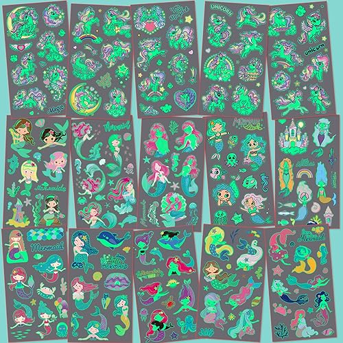 Miniatura 5 de Metker Unicornio, sirena (320 piezas) tatuajes temporales luminosos impermeables para niños, calcomanías de tatuaje falso, suministros de fiesta