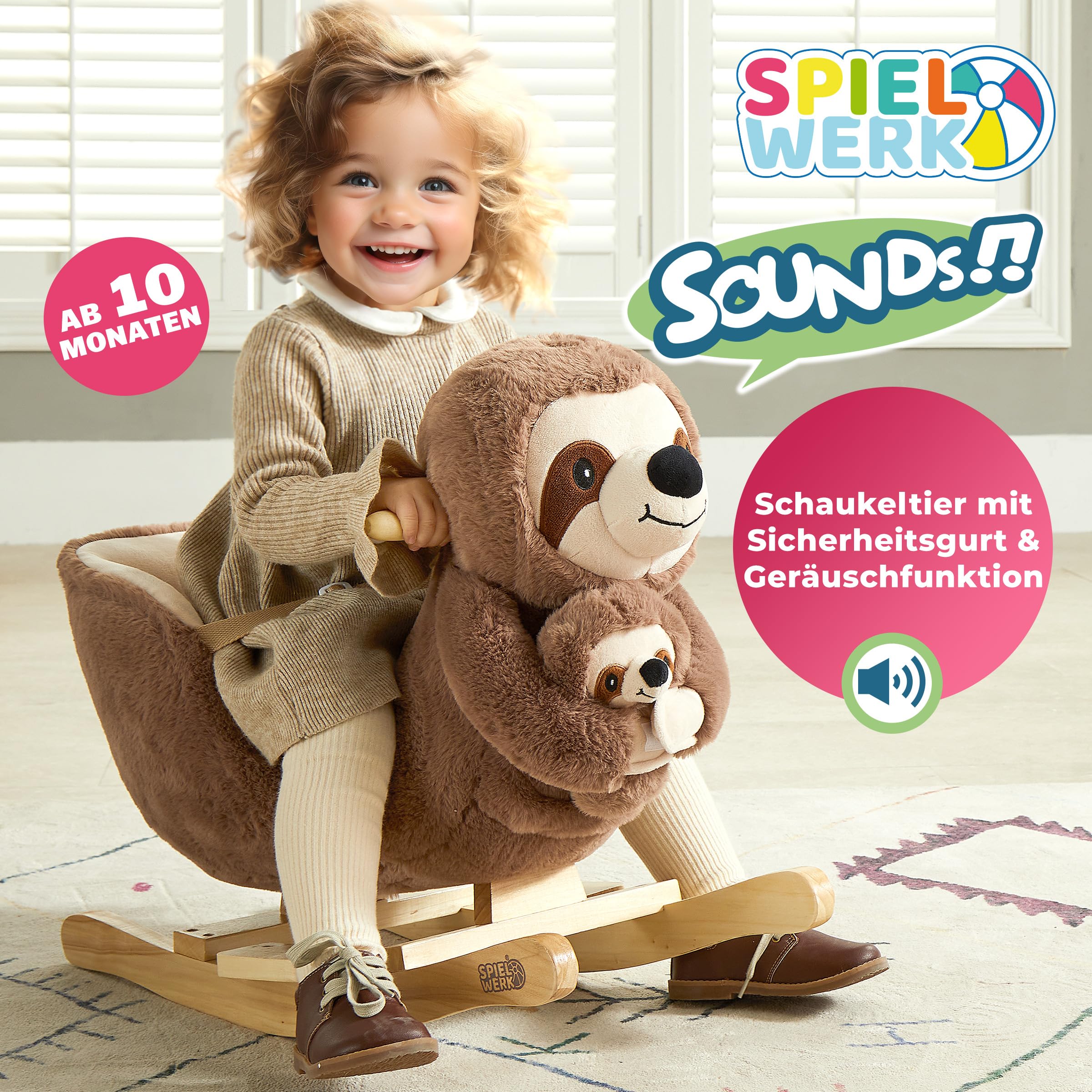 Deuba Spielwerk® Schaukeltier Faultier mit Babyfaultier inkl. Sound Effekt Sicherheitsgurt Plüsch Schaukel Wippe Kinder Baby Spielzeug Balancetraining besonders weich Schaukelpferd