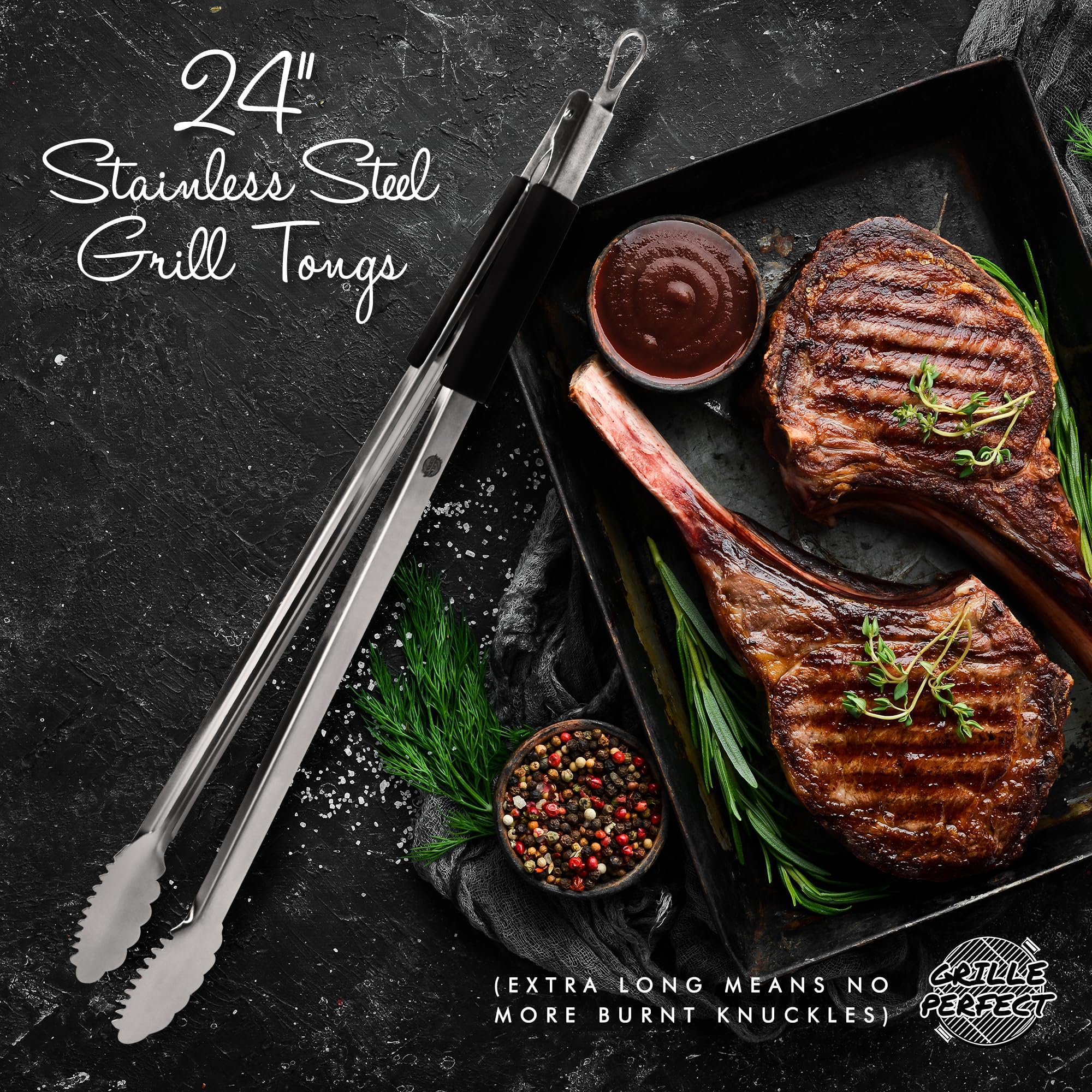 Super lange (61 cm) Edelstahlzange zum Grillen - robustes Metall-Grillbesteck, Gas- und Holzkohlegrill, Chelf Küche Essen Servieren Grillwerkzeuge Silikongriff Fleisch Greifen & Braten