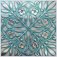 MainStreet 24-Pack 8x8 Peel & Stick Backsplash Tiles - Teal Silver Leaves, Removable Self-Adhesive for Kitchen, Renters & DIY