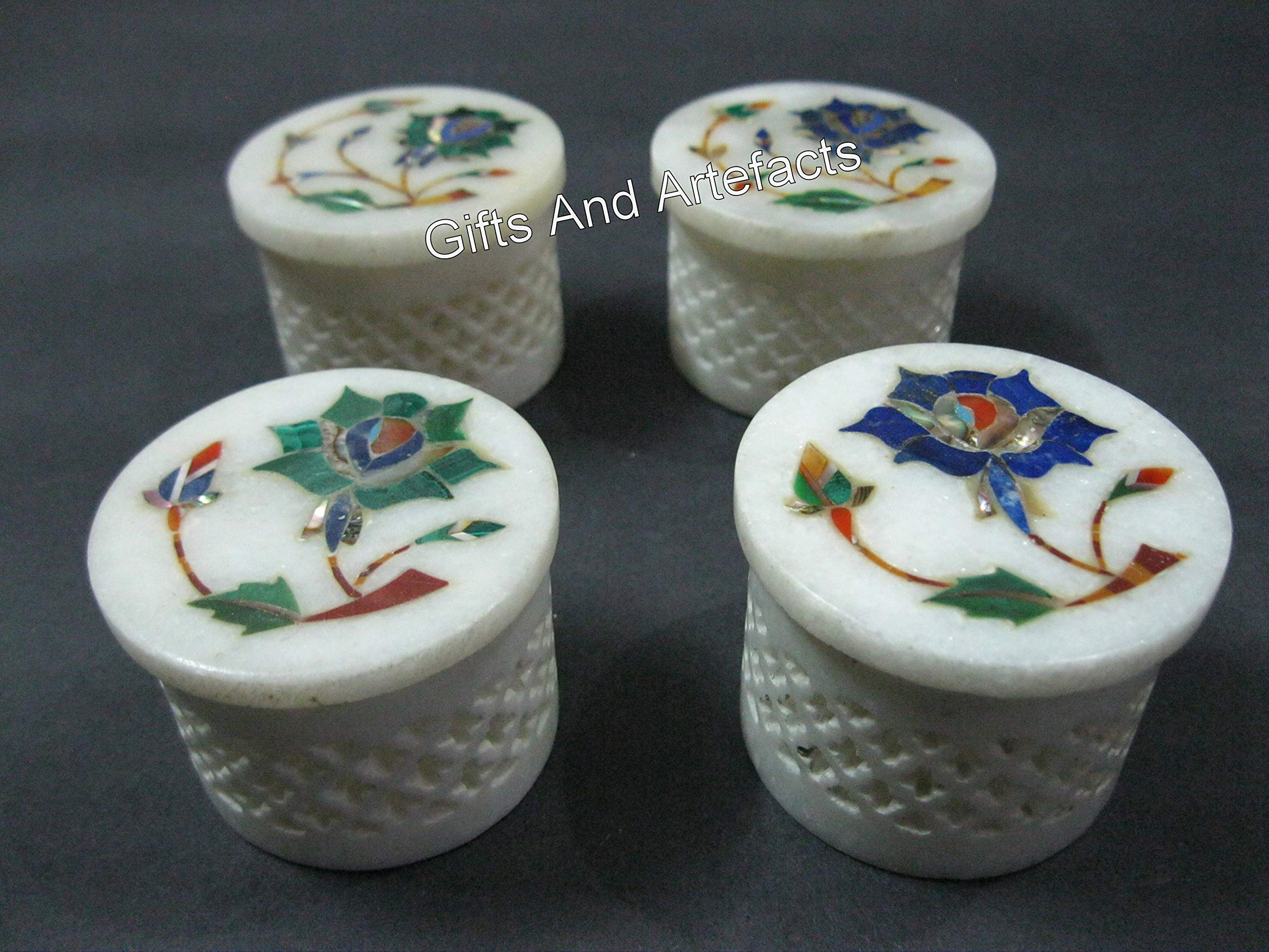 Schmuckkästchen mit Blumenmuster, 6,3 cm, runde Form, weißer Marmor, Nachttisch-Dekor-Box, Set mit 4 Stück