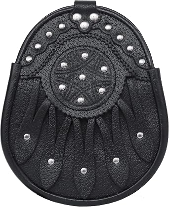 DSS KILTS Gothic Black Leather Sporran for Men Celtic Studded Design Scottish Kilt Accessory