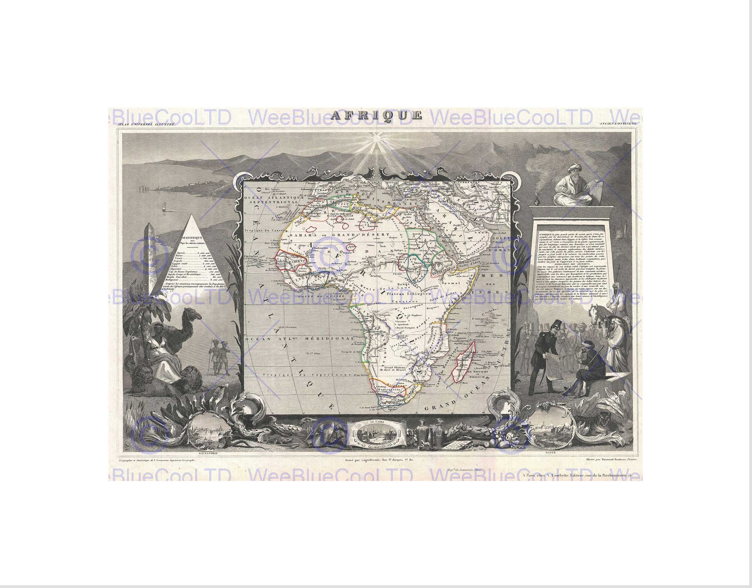Wee Blue Coo 1852 Levasseur Map Africa Afrique Vintage Wall Art Print