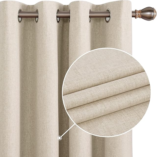 Deconovo Full Blackout Curtains Thermal Insulated Energy Efficiency Eyelet Bedroom Blackout Curtains with Coating Back Layer 52 x 54 Inch Linen 1 Pair