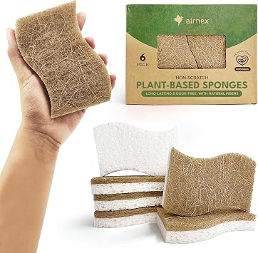 AIRNEX Natural Kitchen Sponges 6 Pack - Biodegradable Cellulose & Coconut Scrubber Dish Sponges for Kitchen - Eco-Friendly, Non Scratch, Compostable, Non Toxic S-Shaped Natural Sponges for Dishes