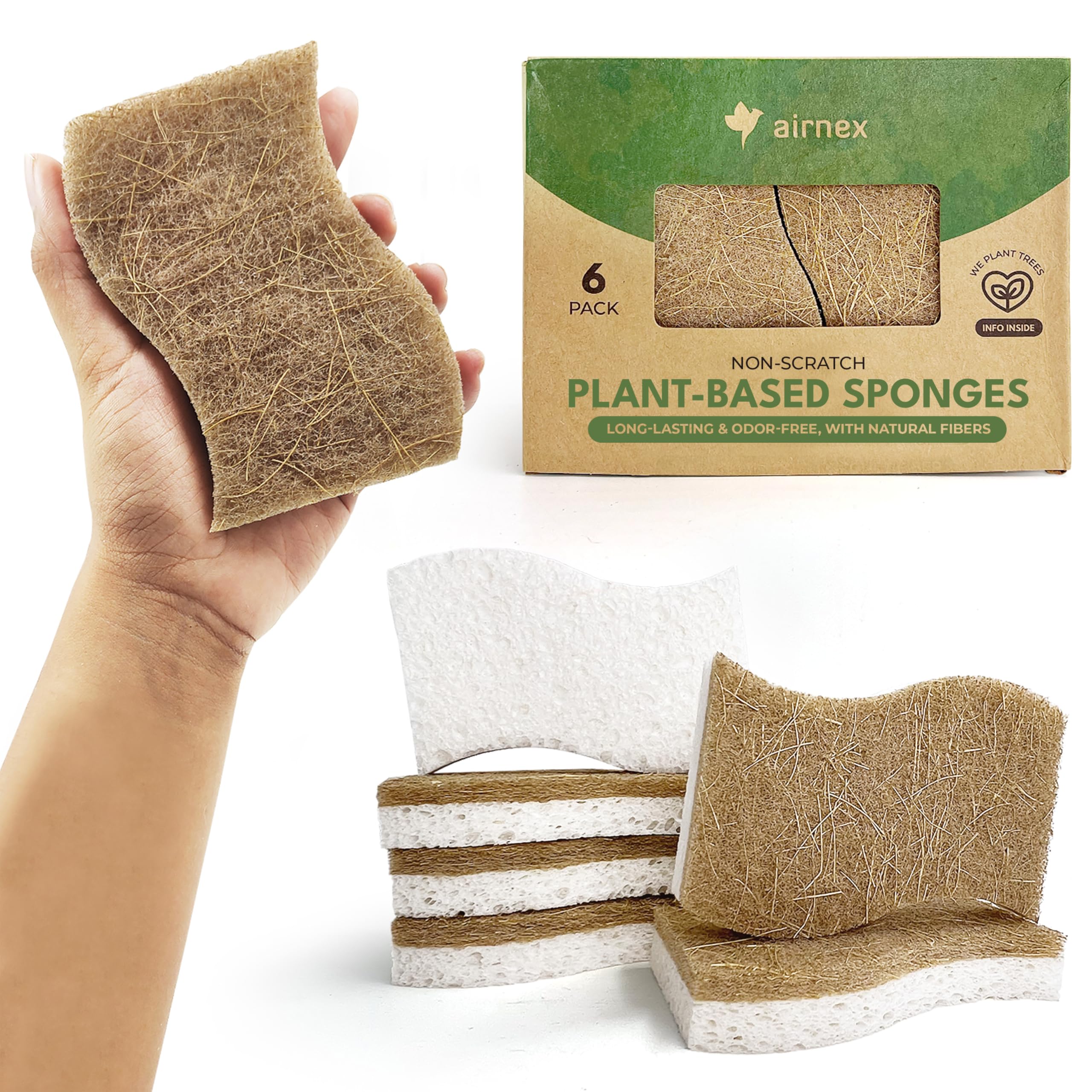 AIRNEX Biodegradable Natural Kitchen Sponge - Compostable Cellulose and Coconut Walnut Scrubber Sponge (6 Pack)