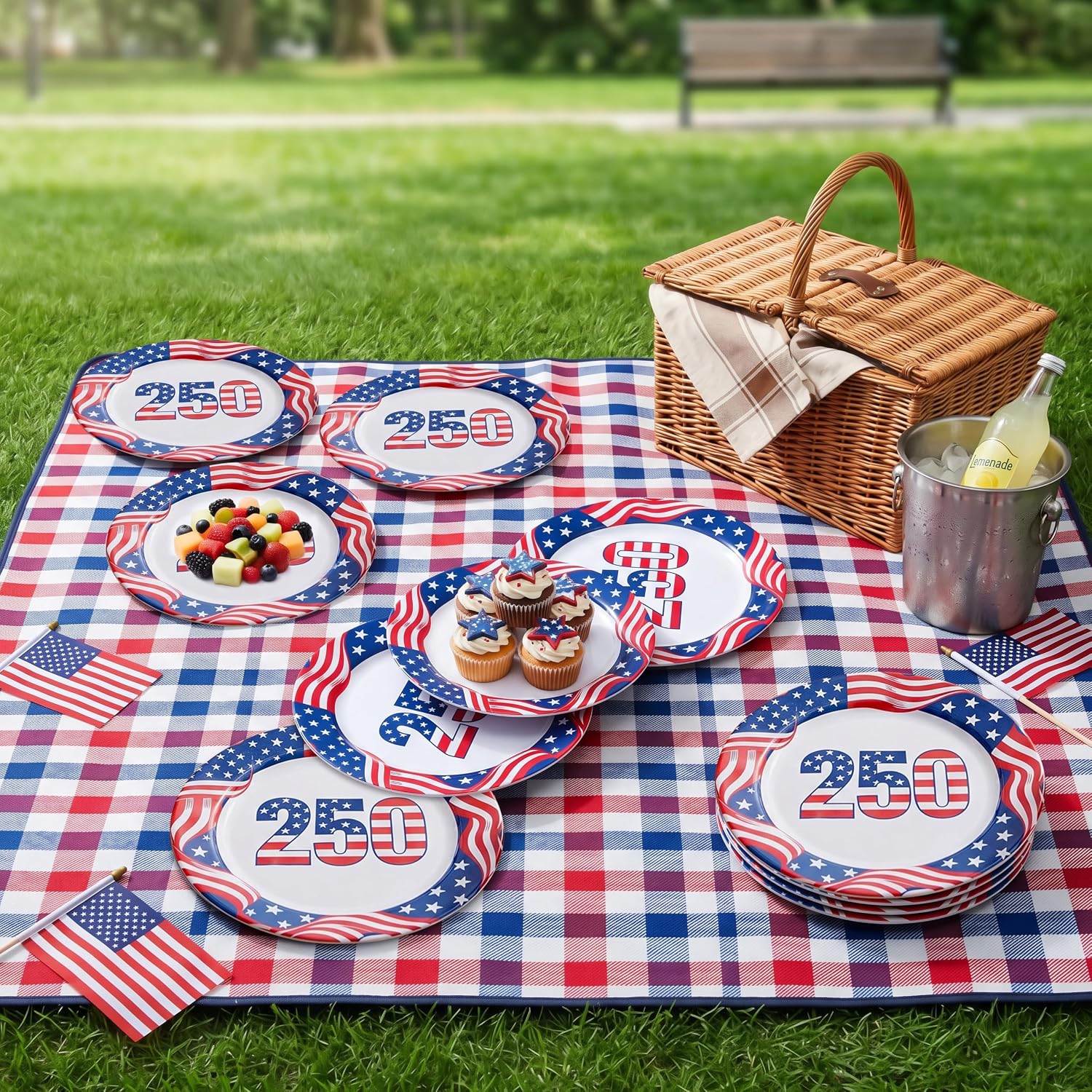 10-Inch Melamine Plates 12-Pack, USA 250th Anniversary American Flag Design, Reusable Unbreakable Round Dinner Dishes for 4th of July Independence Day, Patriotic Party, BBQs, Picnics, Outdoor