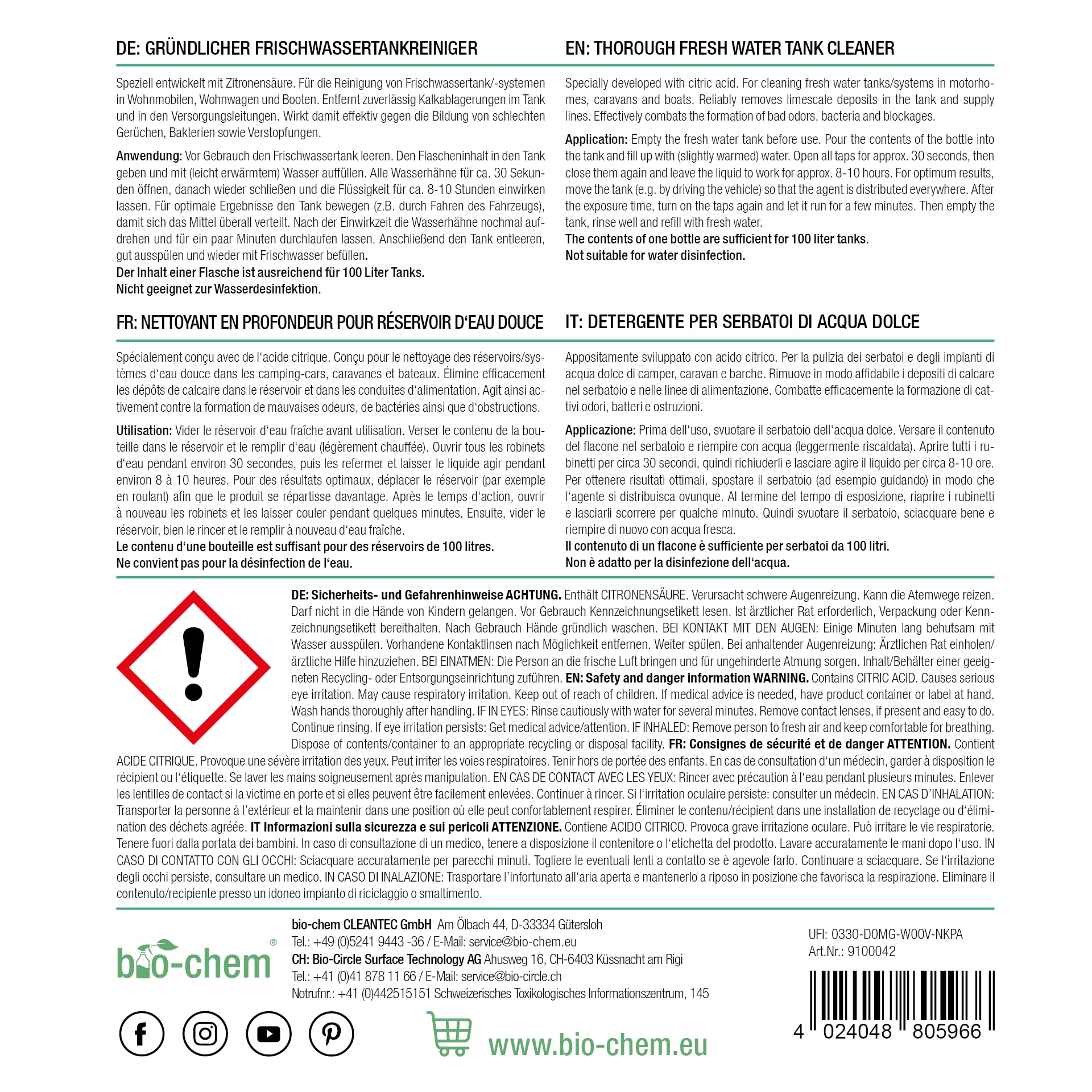 bio-chem - Nettoyant pour réservoir d'eau Douce 5L - Entretien des réservoirs de Caravane et Camping Car - Contient de l'acide citrique Naturel - Produits et Accessoires véhicules de Camping