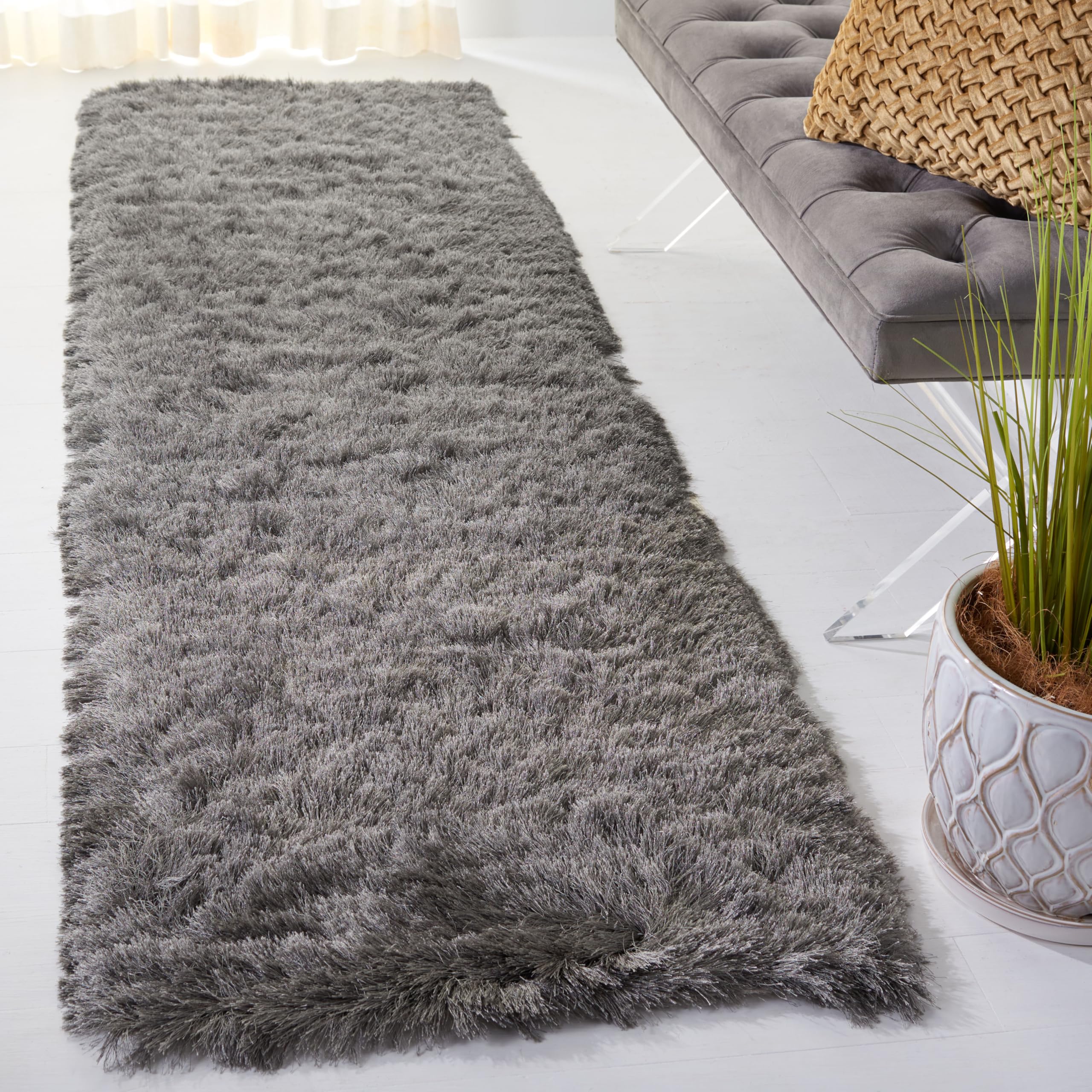 SAFAVIEH Paris Shag Collection Runner Rug - 2'3" x 12', Titanium Grey, Handmade, Soft Flowing Pile, Ideal for Living Room, Bedroom, Dining Space (