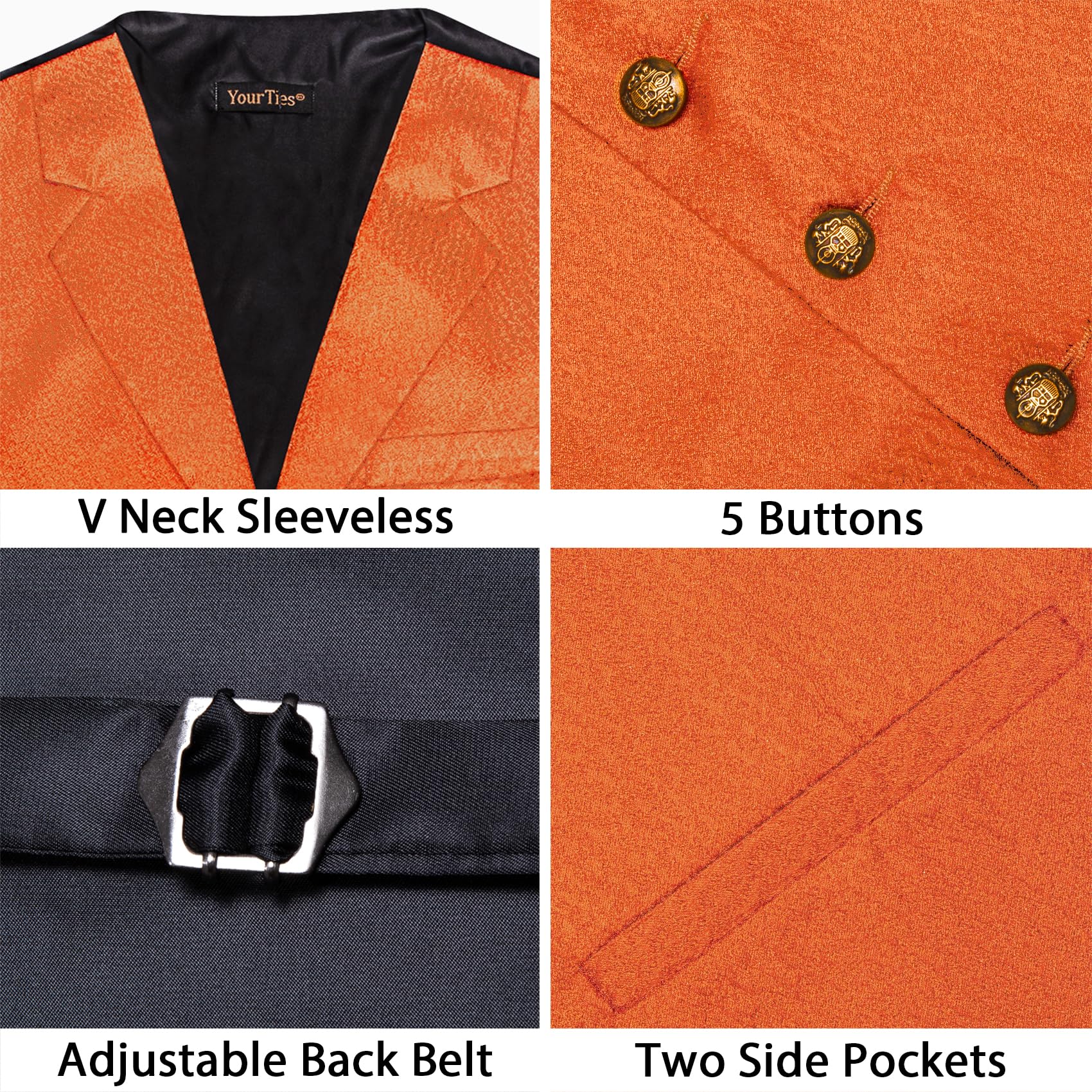 YourTies Set di cravatte da uomo con colletto a scialle, in seta, formale, gilet, fazzoletto, gemelli, spilla da bavero, per feste e matrimoni
