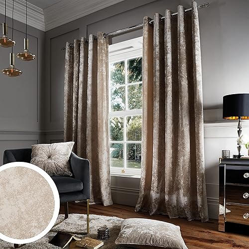 Catherine Lansfield Crushed Velvet Lined Curtain Panels with Grommet Top - Natural Cream - 66" Wide x 72" Drop