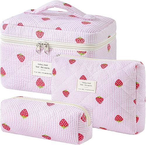 Miniatura 39 de HBselect Bolsa de Maquillaje Acolchada, 3 Piezas de Gran Bolsa de Maquillaje de Viaje de Algodón, Linda Bolsa de Maquillaje Floral Coquette, Bolsa