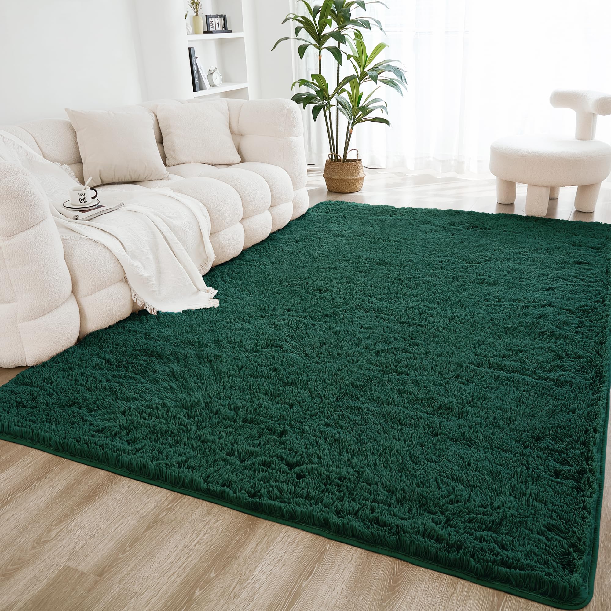 Litanika 6x9 Shag Area Rug for Living Room Bedroom, Emerald Dark Green High Pile Ultra Soft Plush Shaggy Furry Bedside Playroom Dorm Carpet, Non-Slip,