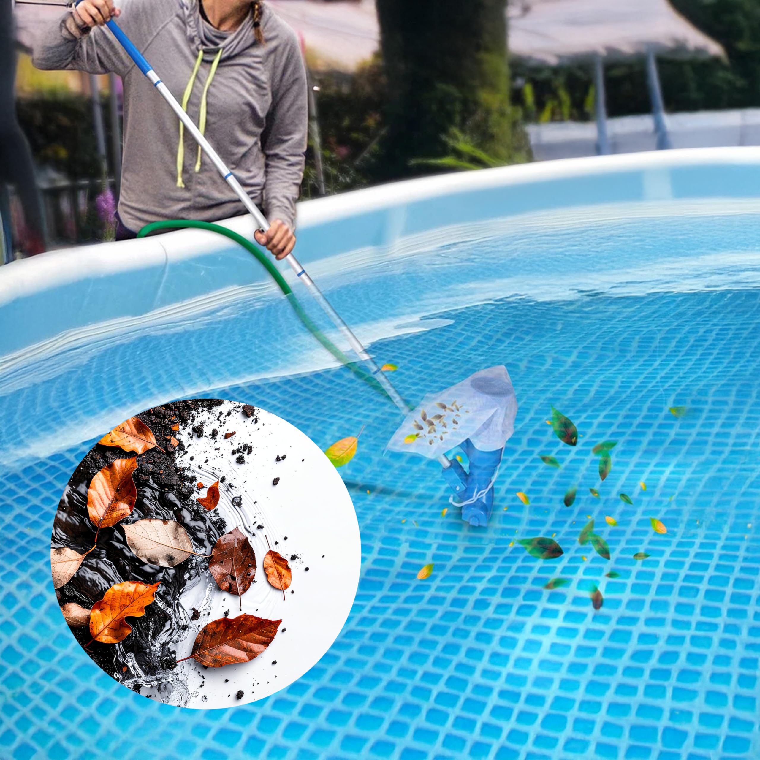 Aspirateur de piscine avec tige télescopique - Nettoyage manuel pour spa et jacuzzi - Sac filtrant réutilisable - Aspirateur jet d'eau pour fond de piscine dans le jardin