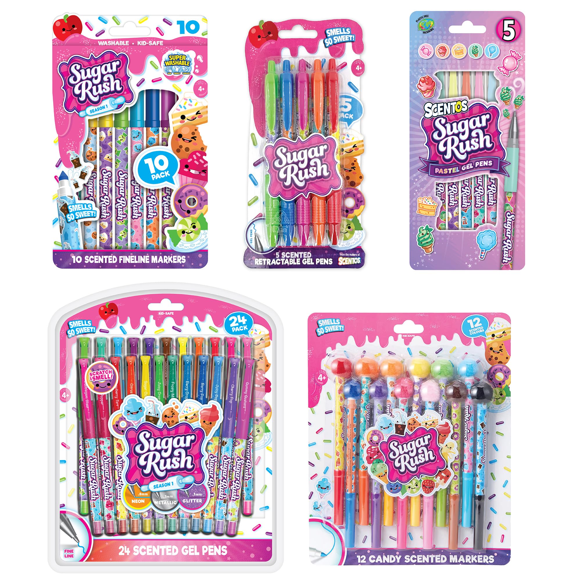 Sugar RushScented Pen and Marker Bundle – 56-Count Art Supplies Set with Gel Pens, Fineline Markers, Retractable Pens, and Candy Scented Markers – Non-Toxic for Kids Ages 3+