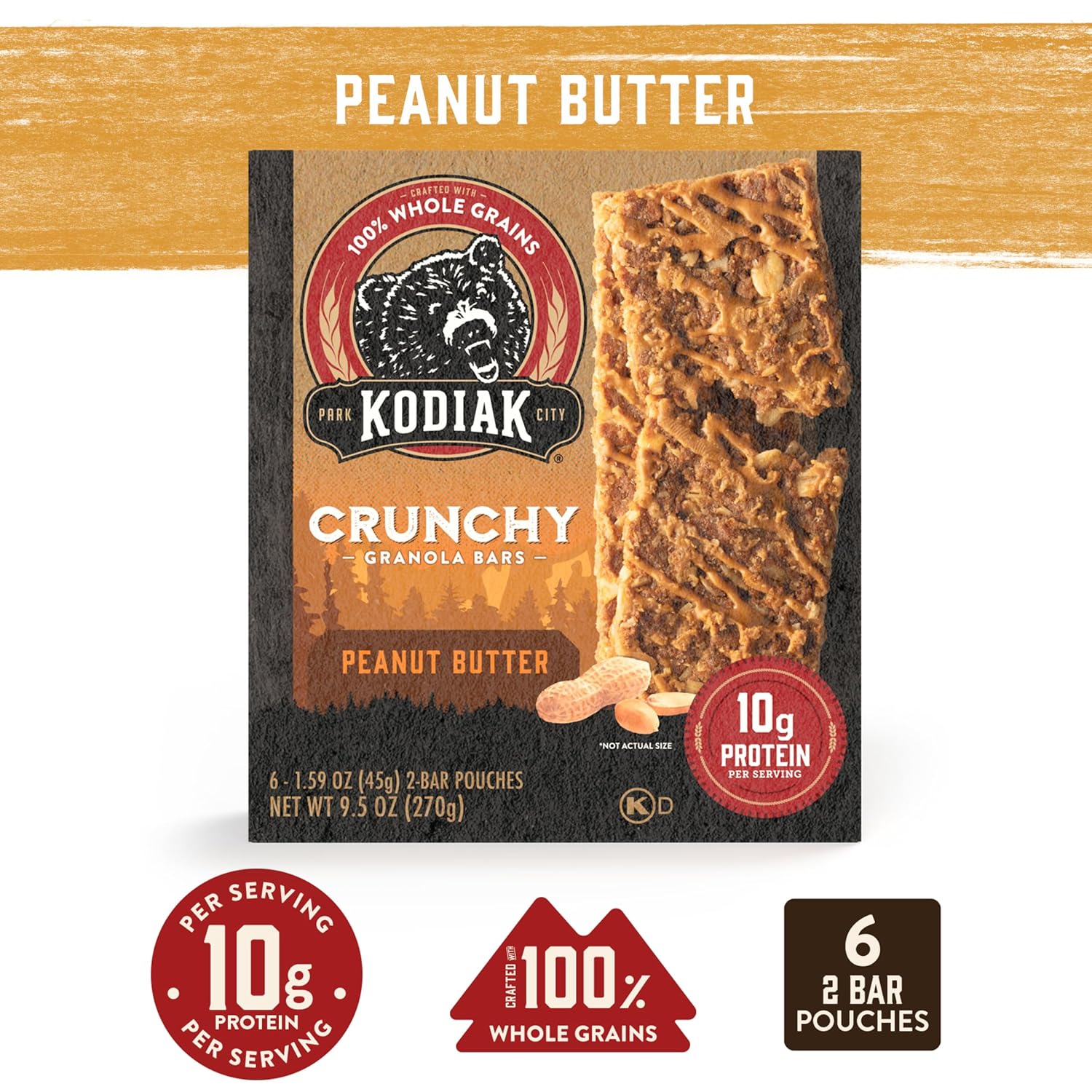 Kodiak Cakes Crunchy Granola Protien Snack Bars, Peanut Butter, High Protein, 100% Whole Grains, 12 boxes with 6 pouches (144 bars)
