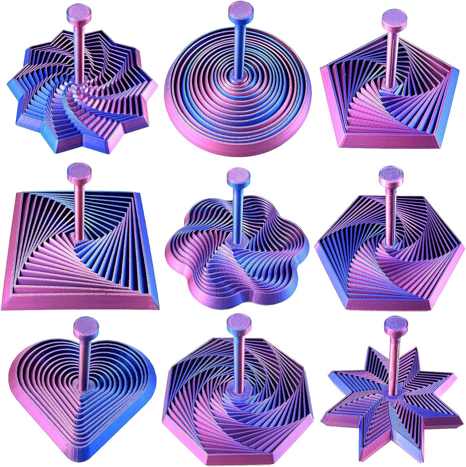 9 Pcs 3D Printed Fidget Toys with Detachable Handle, Changing Spiral Stress Relief Star with Sound，3-d Transformable Expanded Sensory Set for Adults& Kids,Figet Print Round Toy for Office Desk（LSZ