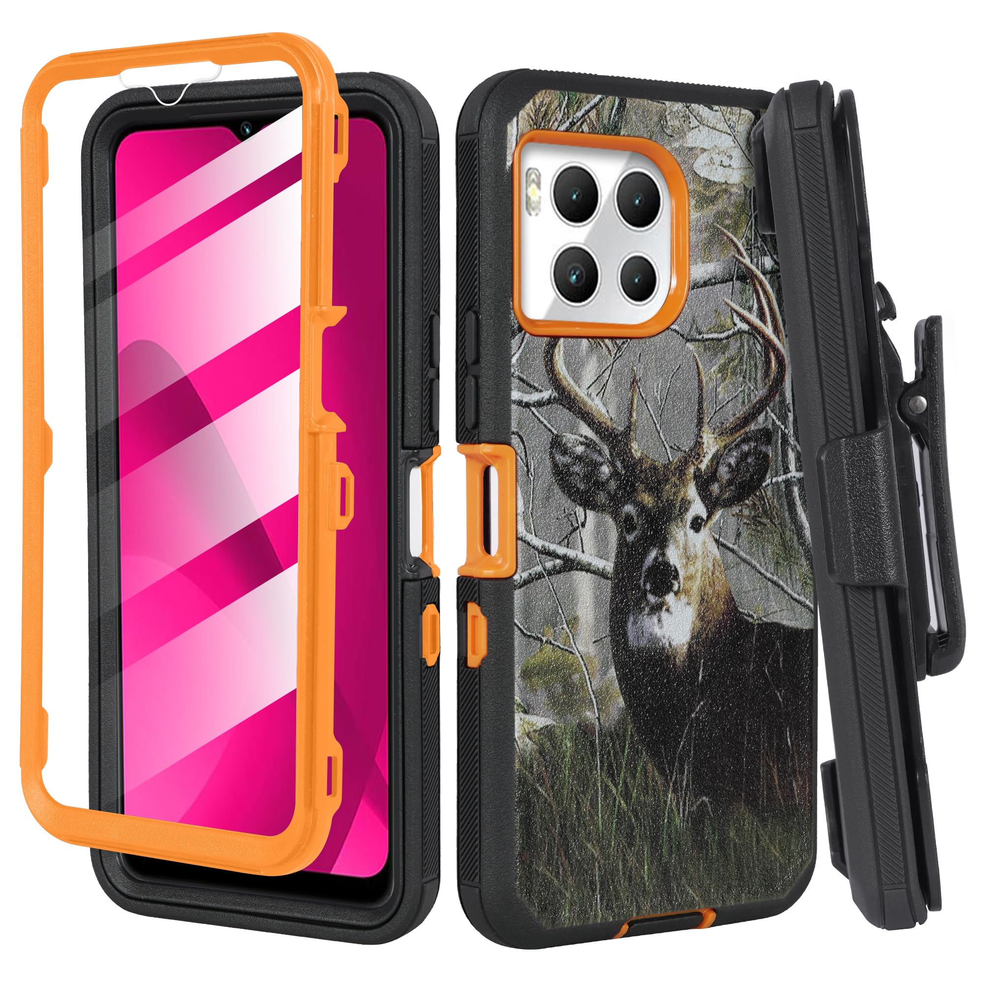 Funda compatible con T-Mobile Revvl 7 Pro 5G, a prueba de golpes, resistente y resistente con funda de clip para cinturón, protector de pantalla integrado (ciervo)