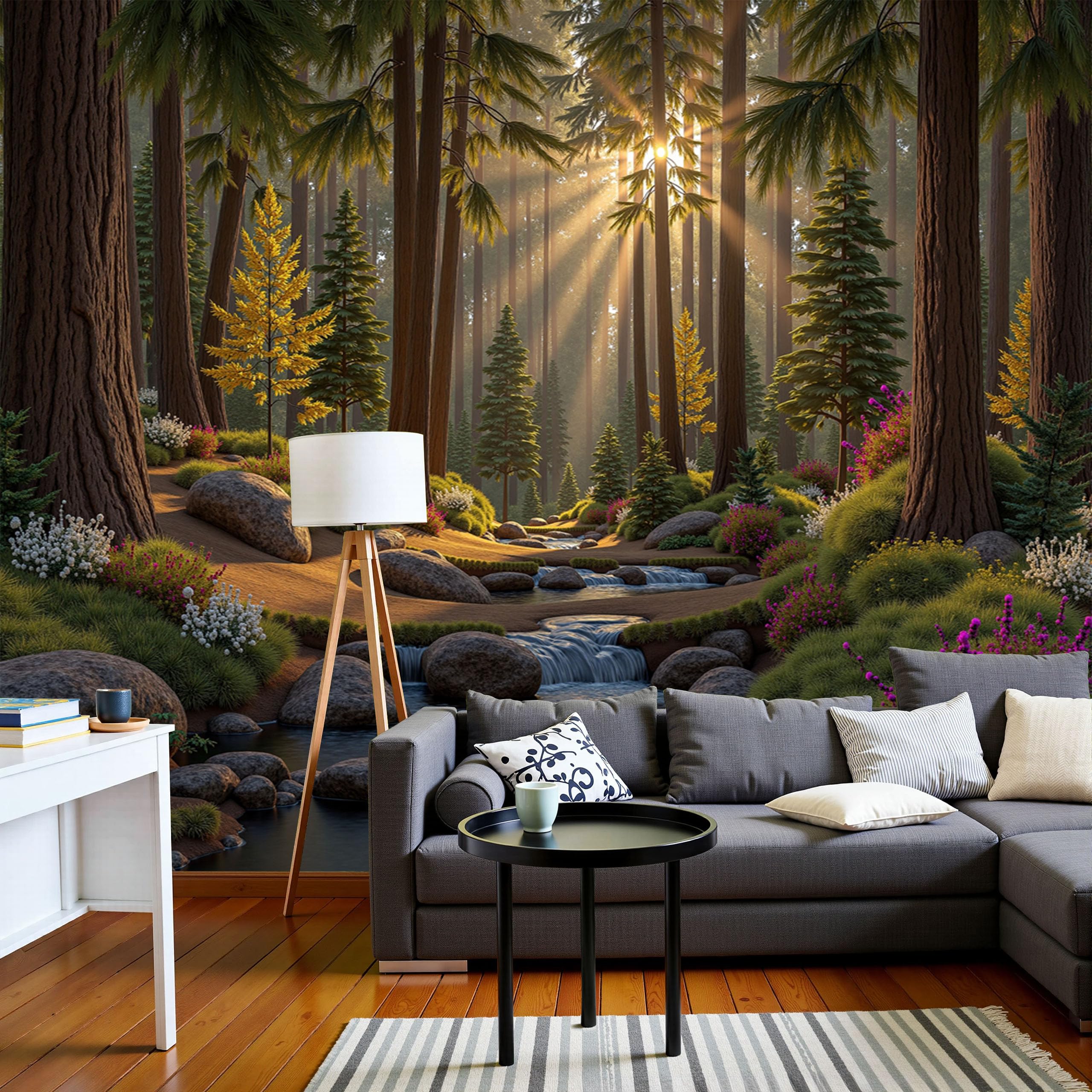 Papier peint panoramique paysage forestier pour agrandir un salon et masquer un mur nu