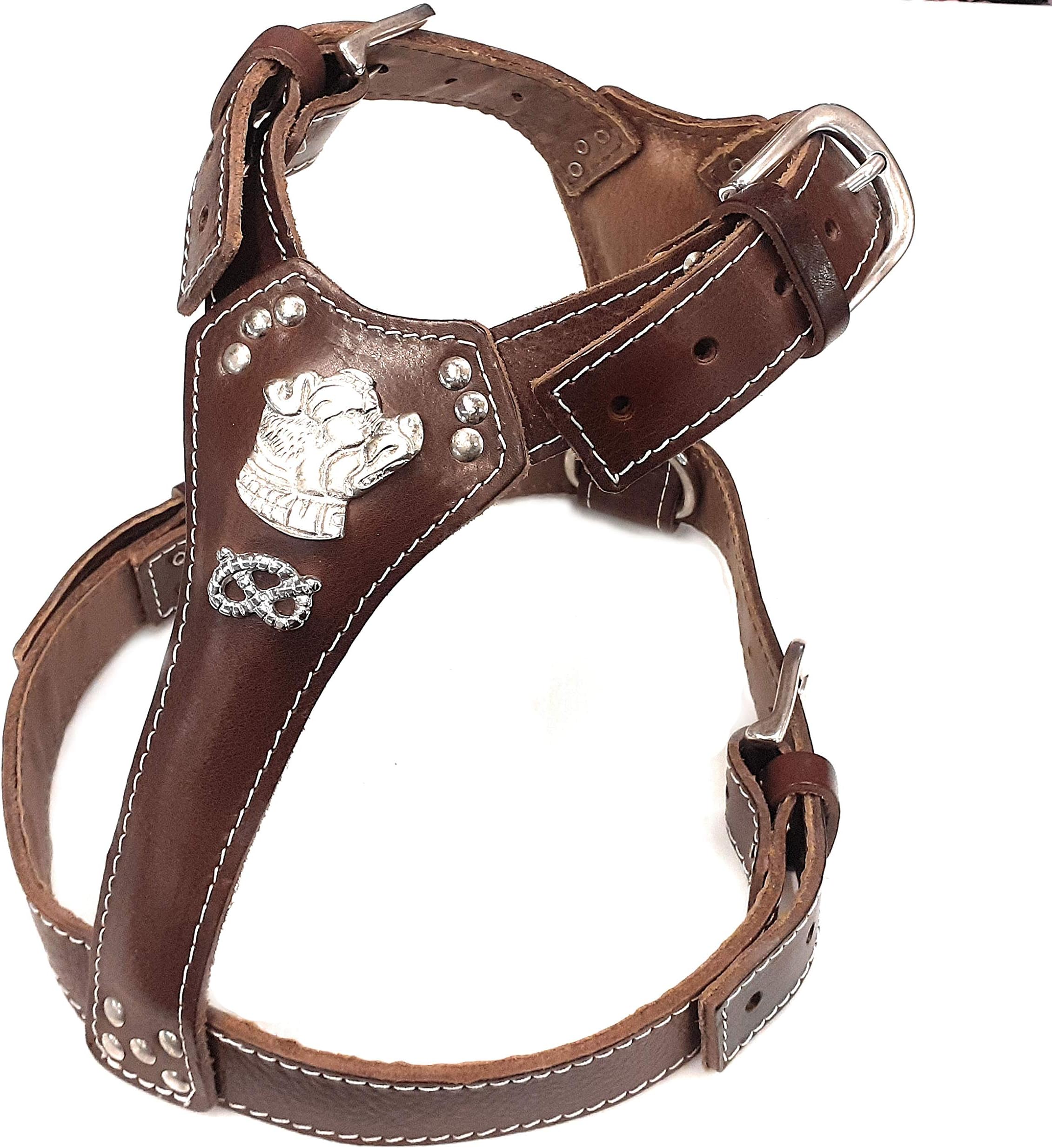 Beautiful Chocolate Brown Leather Dog Harness with Staffordshire Bullterrier Head Motif & Knot