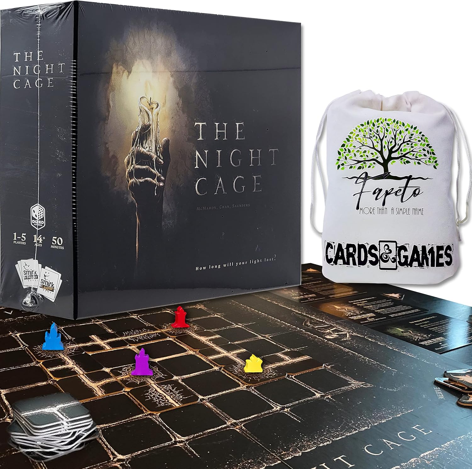 Drawstring Bag and Compatible Tokens Bundle with The Night Cage Board Game
