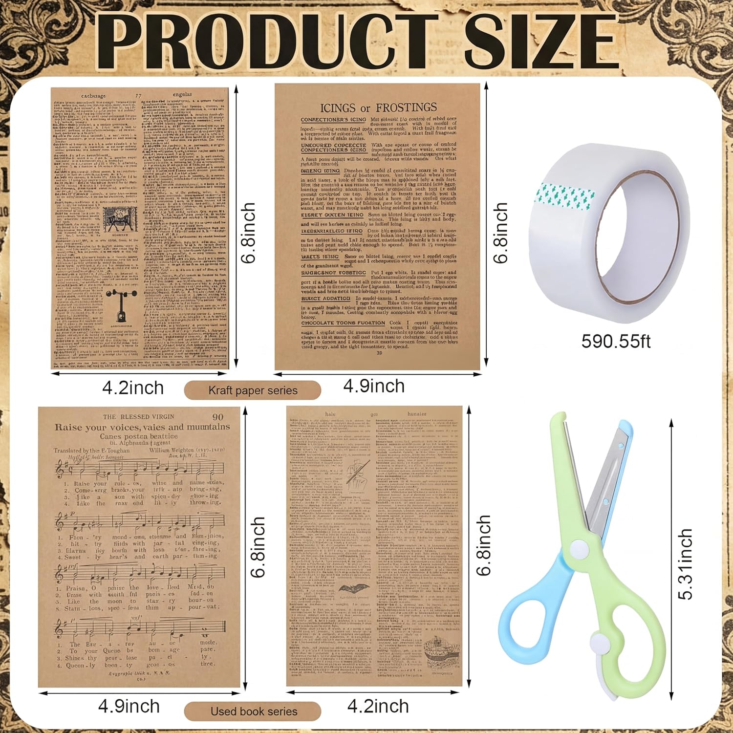 Tinlade Vintage Table Runner Book Pages Wedding Literary Themed Table Runner DIY Journal Paper Tabletop Decor Set 114 Page with Scissor Tape for Book Lover Bridal Baby Shower Party Decor(Khaki Color)