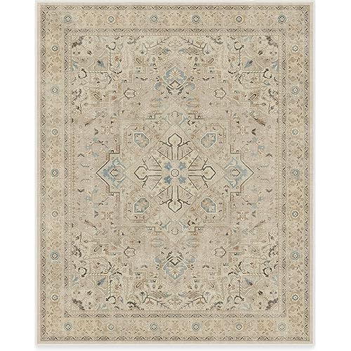 RUGGABLE Washable Vintage Area Rug – Kamran Ivory Opal 8x10, Stain-Resistant, Non-Slip – Large Machine Washable Rugs for Living Room, Bedroom, Hallway, Entryway & Office–with Standard Pad