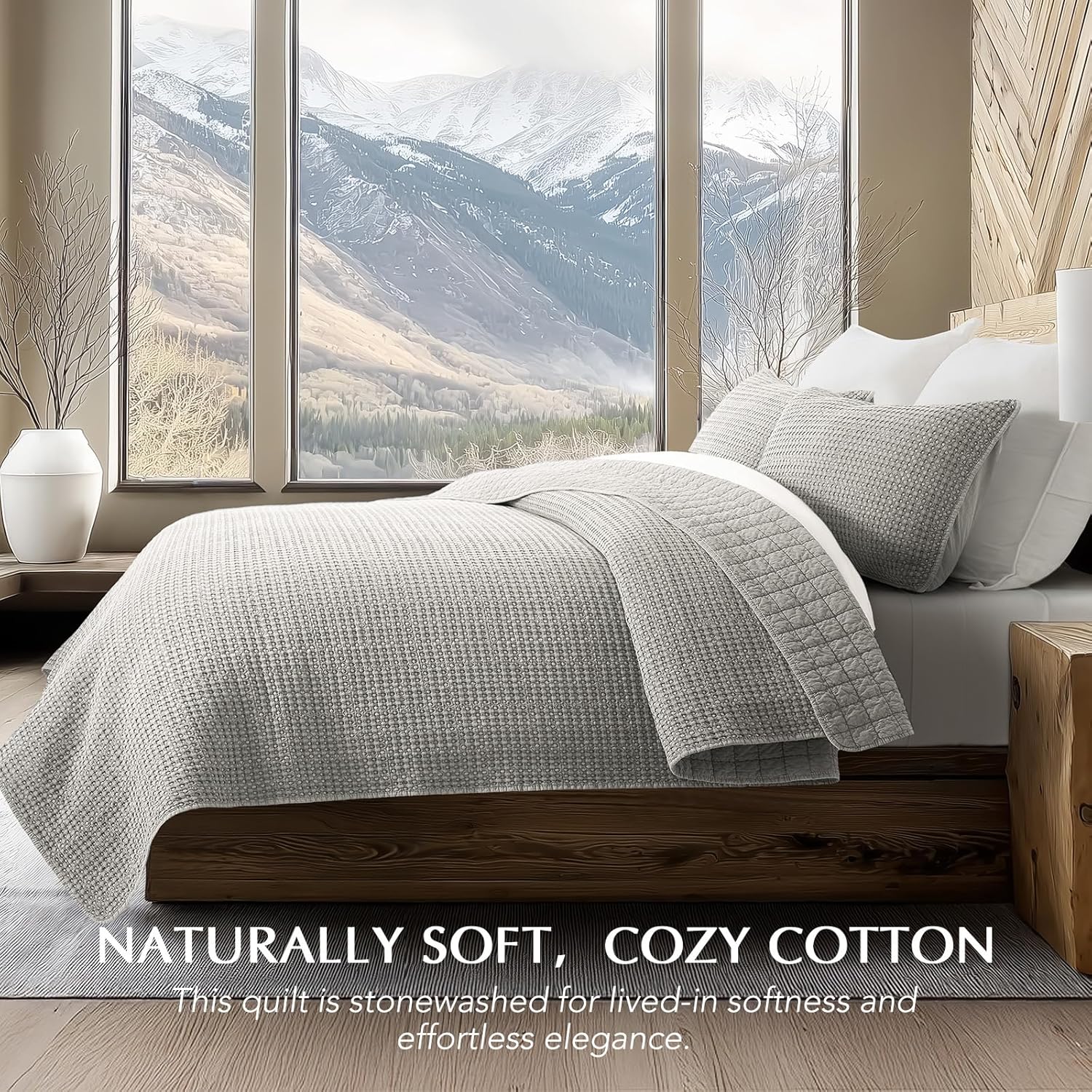 EverGrace Stonewashed 100% Natural Cotton Waffle Quilt Set Queen Size 3 Pieces, Durable, Textured & Substantial Bedding, Quilted Coverlet Bedspread with 2 Shams for All Seasons, Misty Gray | Waffle Weave, 100% Cotton, Stonewashed, Box Stitch Design, Oeko-Tex Certified, Lightweight