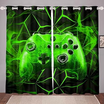 Loussiesd Gaming Curtains Drapes Kids Gamer Video Games Curtain Set for Boys Modern Game Controller Fabric Curtain Green Gamer Console Curtains W46*L54