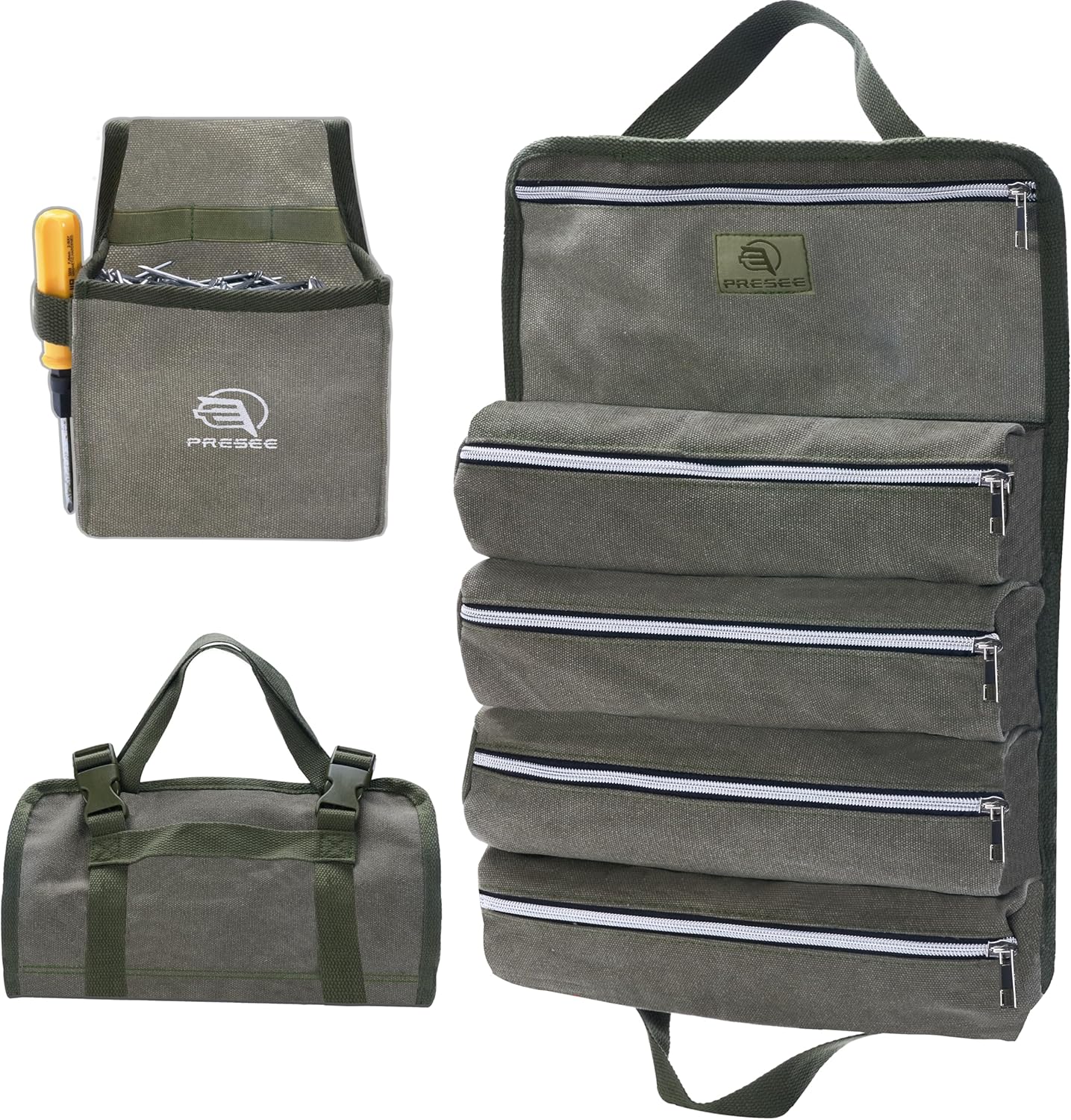 Canvas Tool Roll Bag with 5 Zippered Pouches& Belt Pouch - Water-Resistant Tool Organizer for Mechanics, Electricians, Motorcycle Maintenance, DIY & Professional Use (Green)