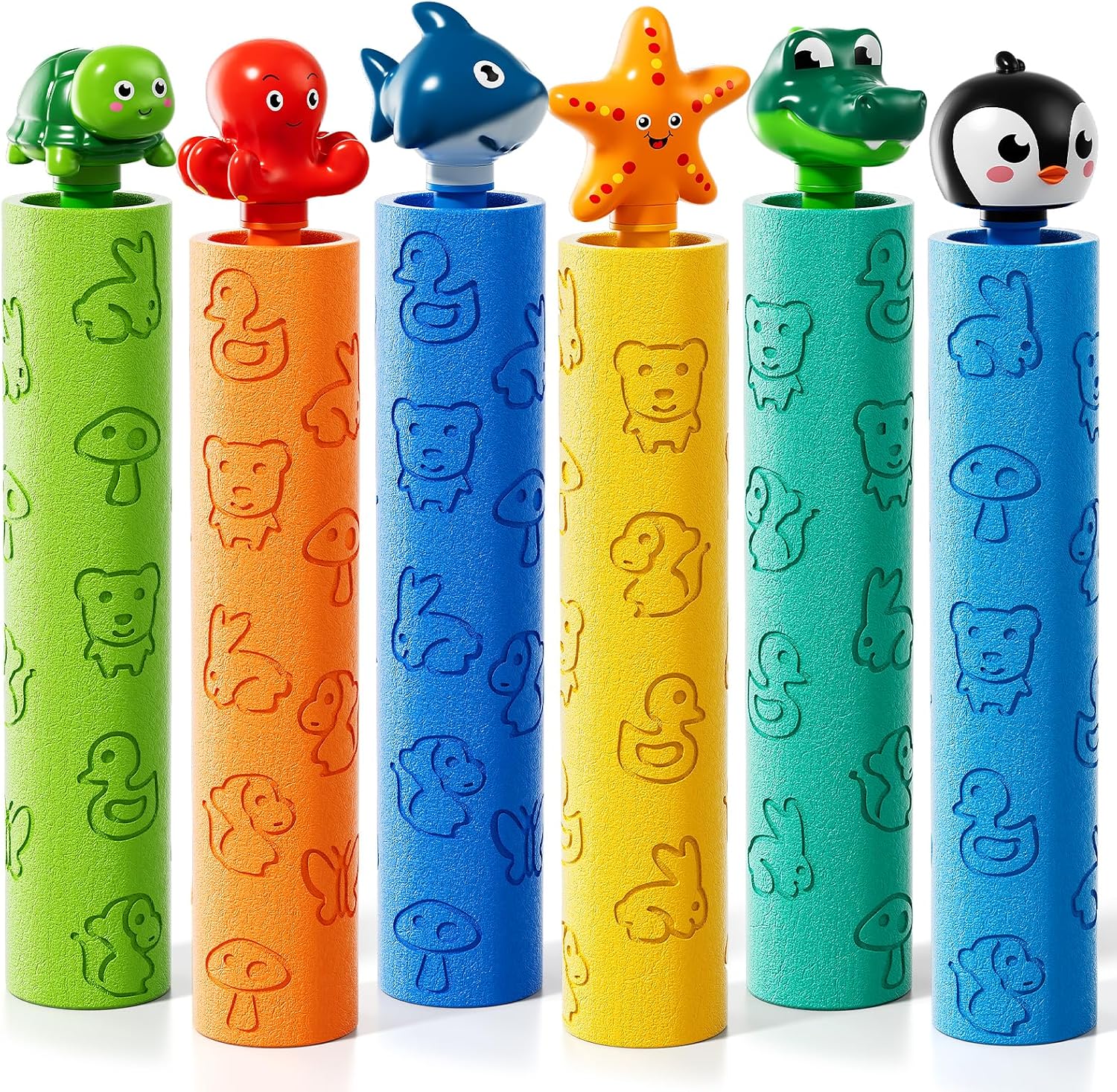 Toddler 6-Pack Animal-Handle Foam Water Blaster Guns for Kids 3 4 5 6 7+, Colorful Printed Squirt Water Shooters with Unique Animal-Shaped Grips, Birthday Outdoor Gifts for Toddlers Boys Girls