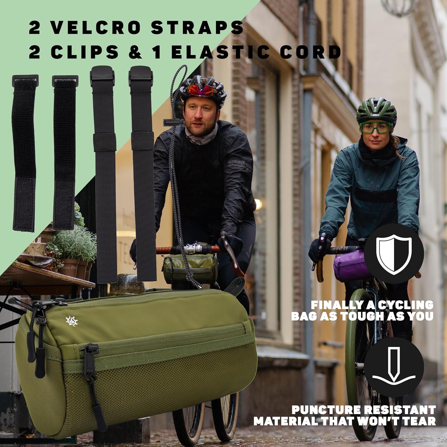 Lumiere & Co. Bike Handlebar Bag - Durable, Multiple-Size Options and Multi-Color Options -Dual Elastic Straps, Clips & Hook & Loop Attachments (Green, Large)