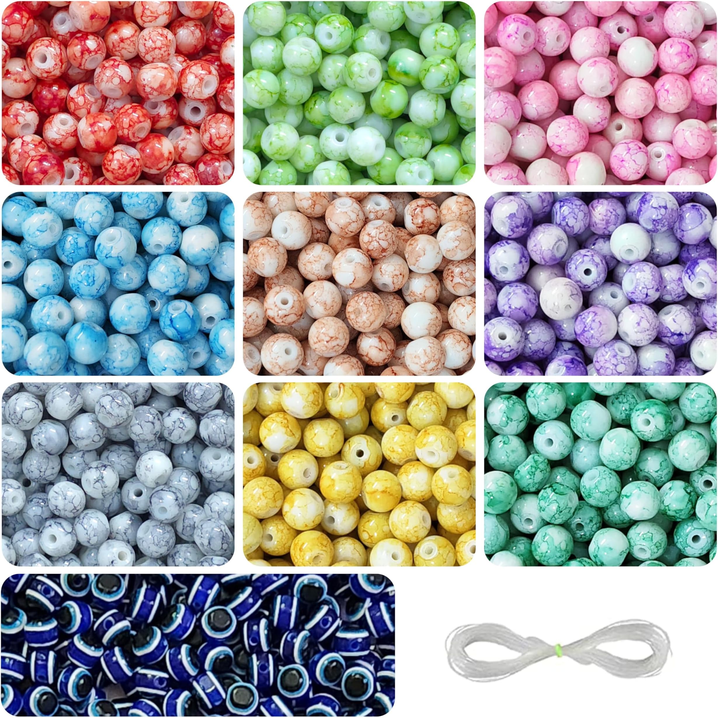 10 Pcs Evil Eye Beads + 250 Pcs Marble Glass Beads for Bracelet Making Kit for Women - Jewellery Making Kit - Bead Set - Crystal Bead Craft - 8mm