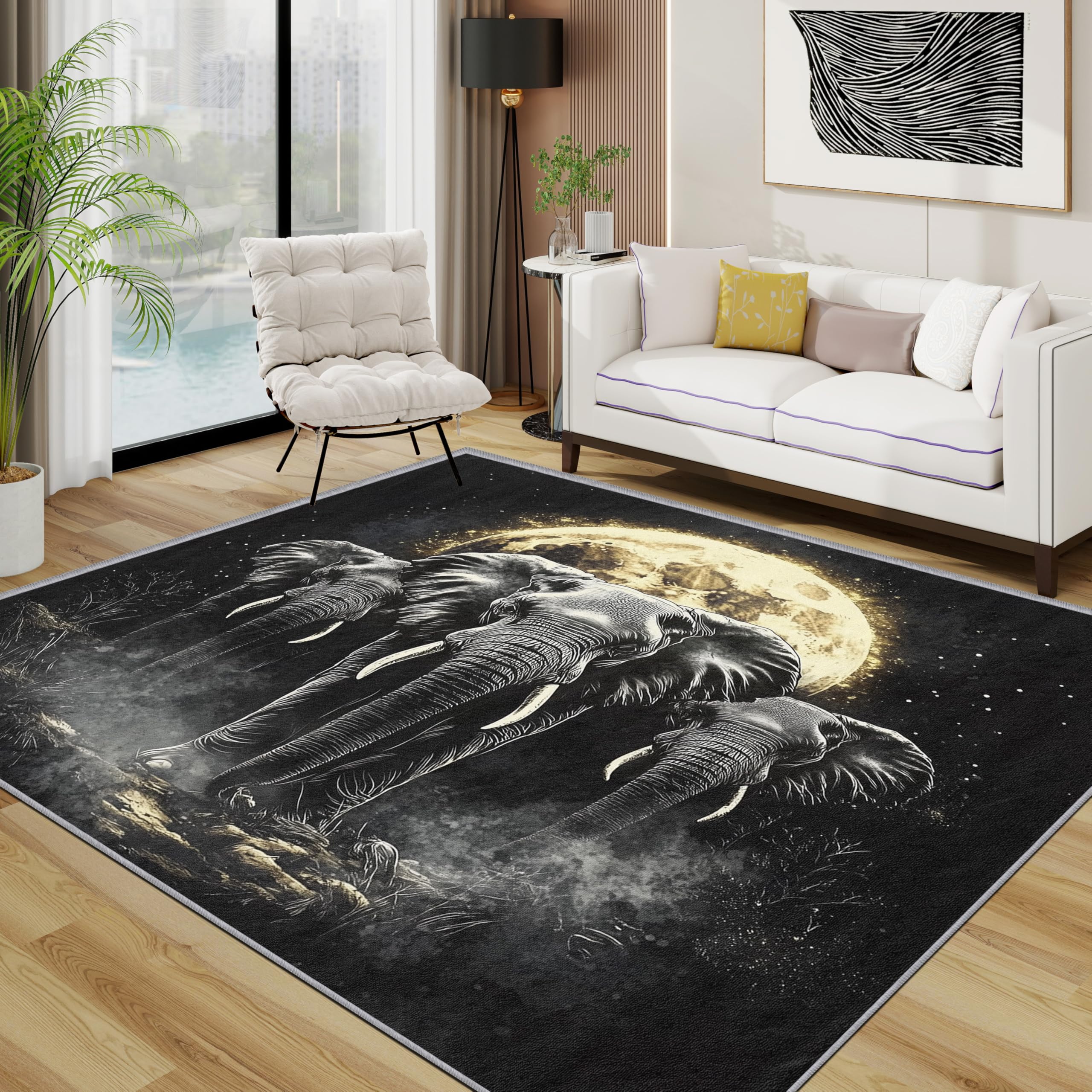 TerroVee Elephant Area Rugs for Living Room 100x150 - Animal Wildlife Rug for Bedroom, Moonlit Starry Night Non Slip Washable Short Pile Carpet, Elephant Room Decor