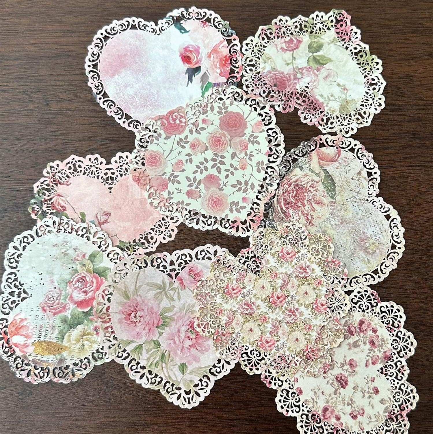 XERE 20 Pink Lace Paper Scrapbook Supplies, Aesthetic Cute Vintage Decor for Photo Album, Sketch Book, Gratitude Journal Notebook, Scrapbook Album, Diary, Bullet Journal – Heart Paper Lace