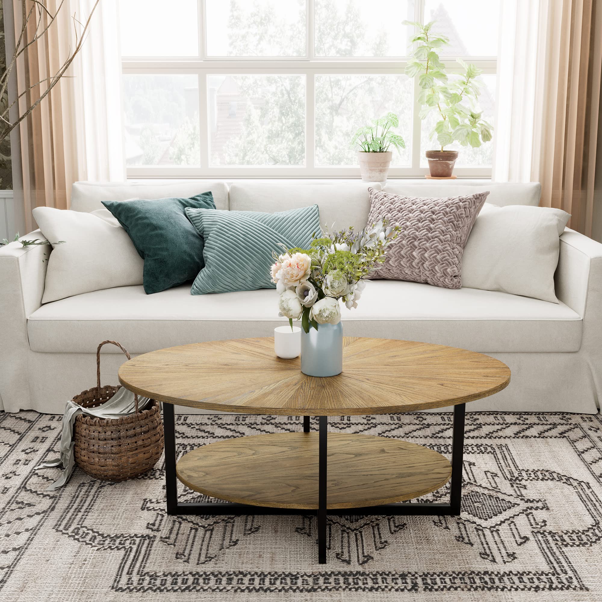 Massivholz Couchtisch rund für 2 Etagen, Ovaler Couchtisch im Modern-vintage Stil, Massivholzplatte & Kreuzförmige Eisenbeine, Kaffeetisch, Wohnzimmertisch, 110 x 66 x 45.5 cm, einfache Montage