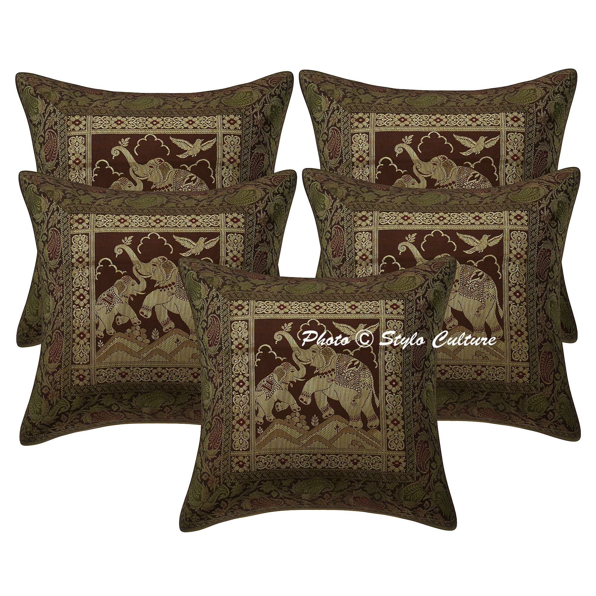 Stylo Culture Banarasi Brocade Silk Sofa Cushion Covers 16 by 16 Set of 5 Brown Decorative Square Elephant Ethnic Jacquard Weaves Home Decor Cushions 16x16 for Living Room (B07CPQQXHC) Amazon Price History, Amazon Price Tracker