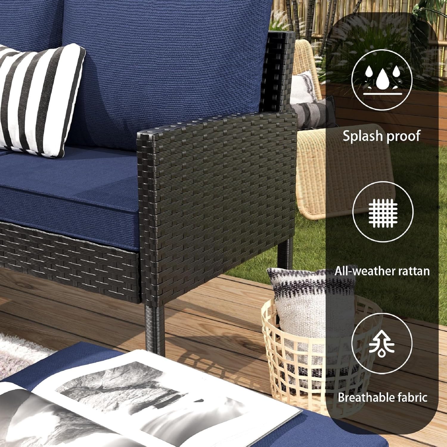 Luxurious 7-Piece Outdoor Furniture Set with Waterproof Cushions and Glass Table for Small Spaces(Blue)