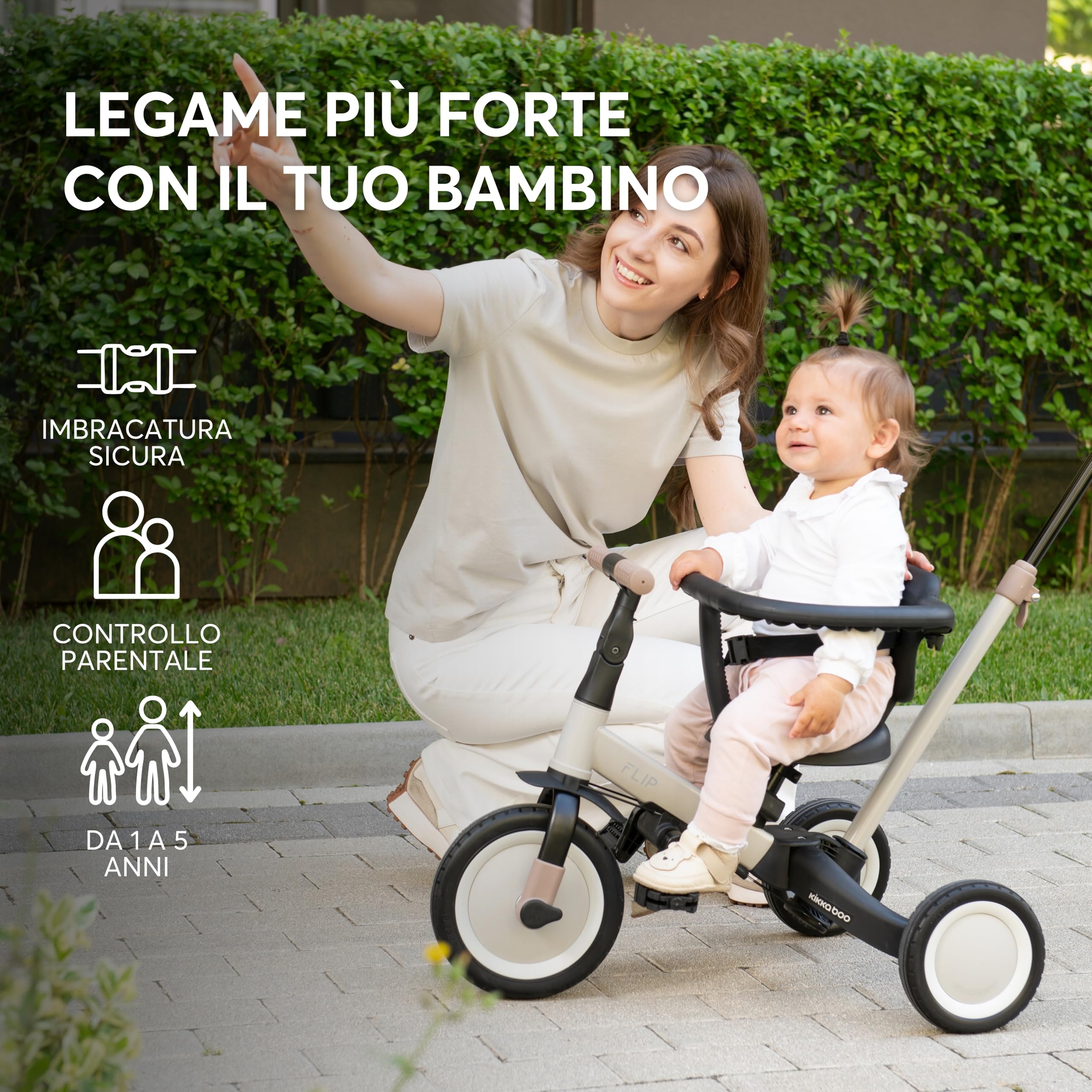 KikkaBoo Triciclo Evolutivo 5 in 1 per Bambini da 1 a 5 Anni FLIP, Triciclo Passeggino con Maniglione Regolabile, Con o Senza Pedali, Trasformabile in Bicicletta, Verde militare