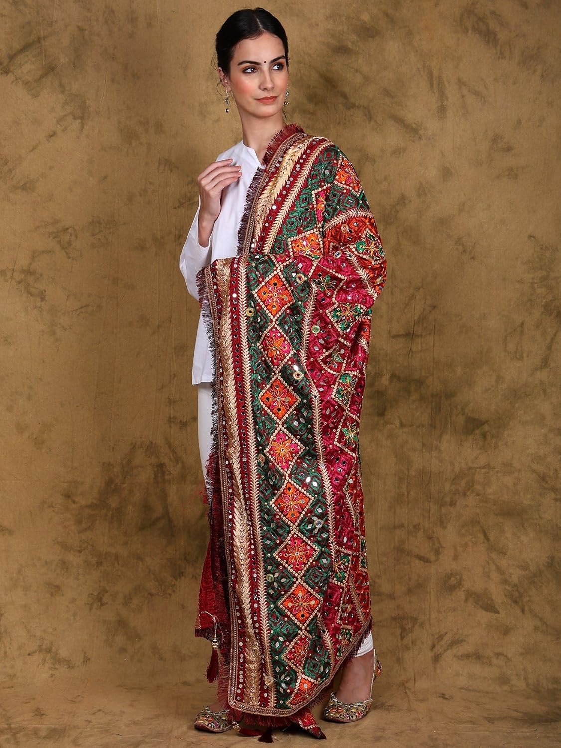 Exotic India Phulkari Dupatta/Chunni For Women's from Punjab with Multicolor Thread Embroidery and Bead-Mirror Work - Image 3