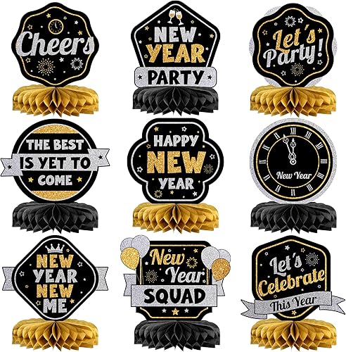 KatchOn, Centros de mesa de Feliz Año Nuevo, paquete de 9, decoración de centros de mesa de panal de abeja con purpurina, centros de mesa de Año