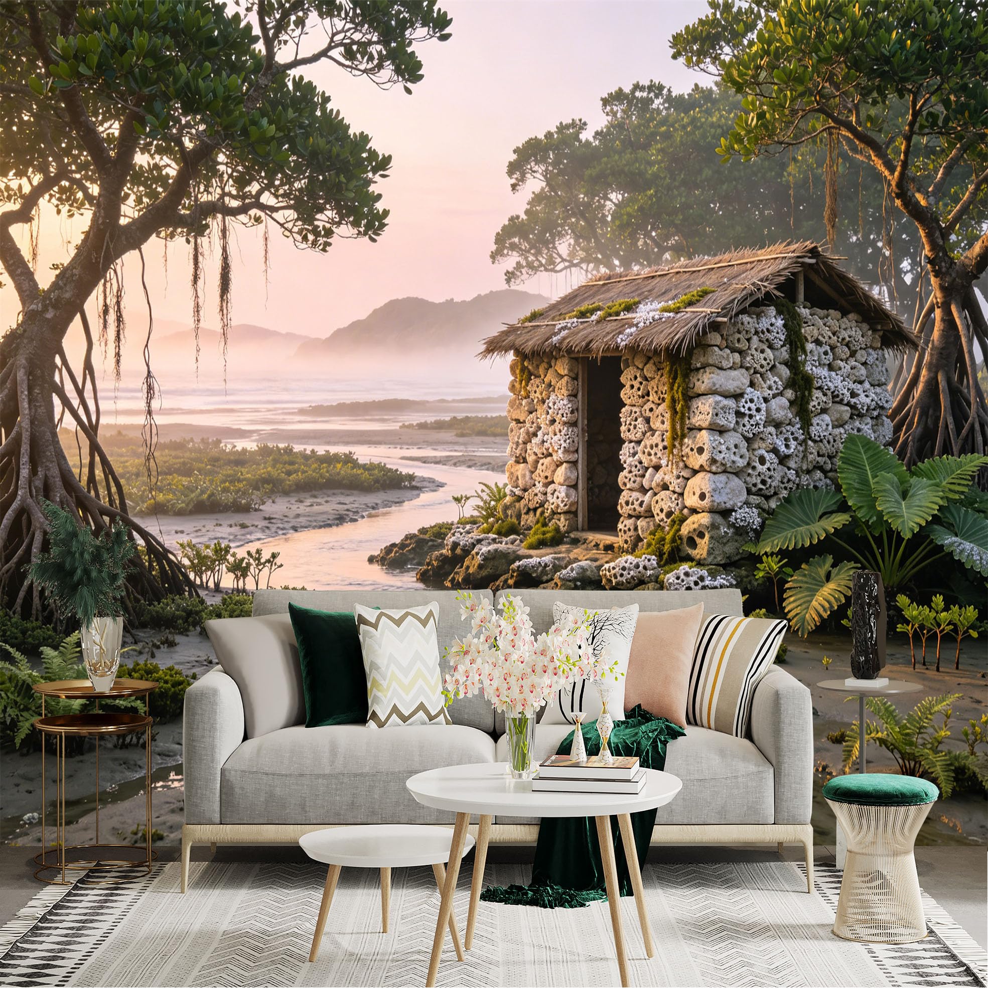 Custom Size Wall Sticker Mural， Tropical Beach Hut with Mangrove Trees and Sunset River， for wall Decoration， peelandstick wall Decals.