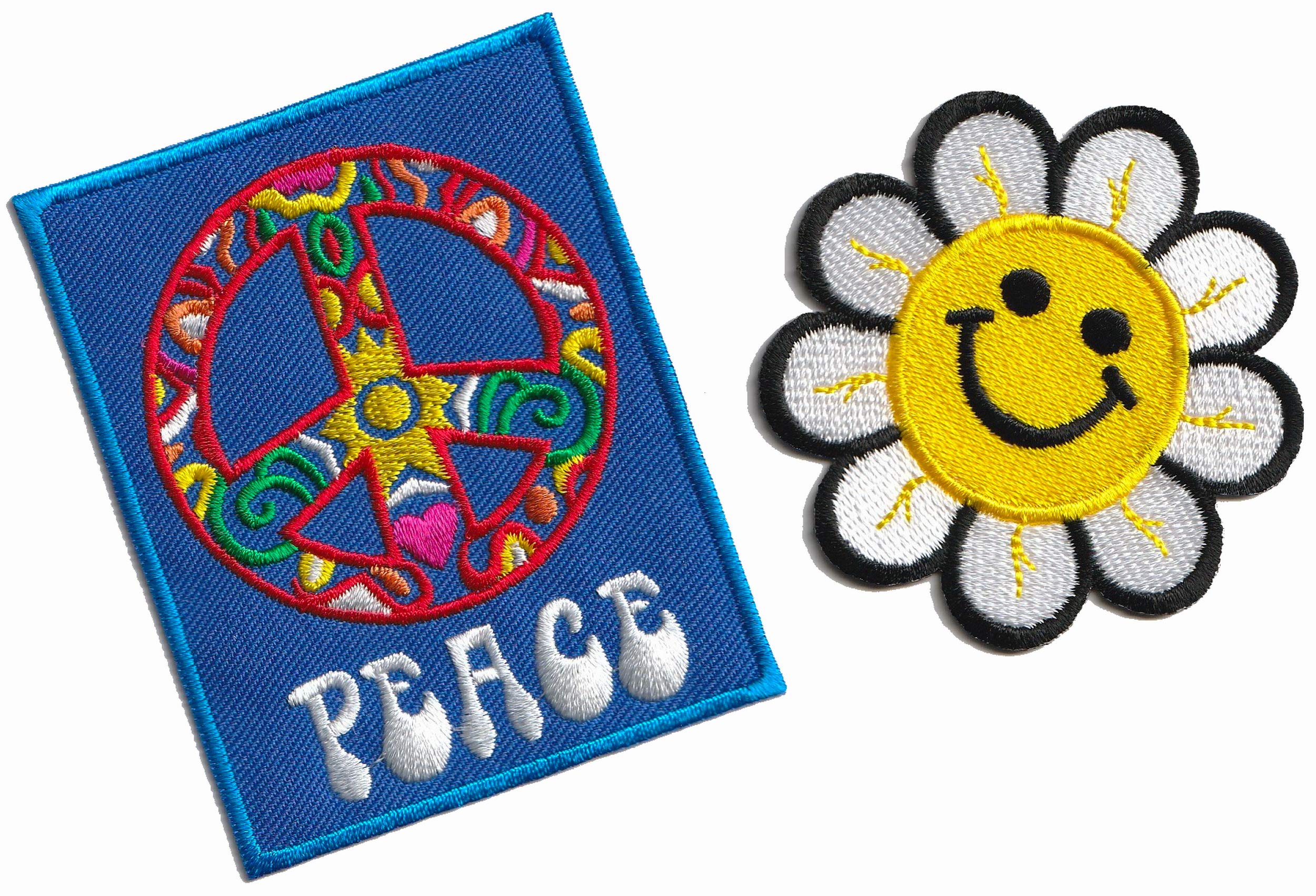 Lot of 2 pcs. Peace Sign Hippie Boho Retro Flower Power Love Hippie Smile Daisy DIY Two Embroidered Appliques Iron-on Patches