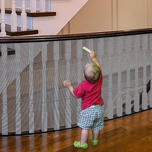 JIFTOK 2 juegos de puertas de bebé para escaleras, protector de barandilla para niños, mascotas, juguetes, 2 juegos de red de malla de 18 pies x 2.6