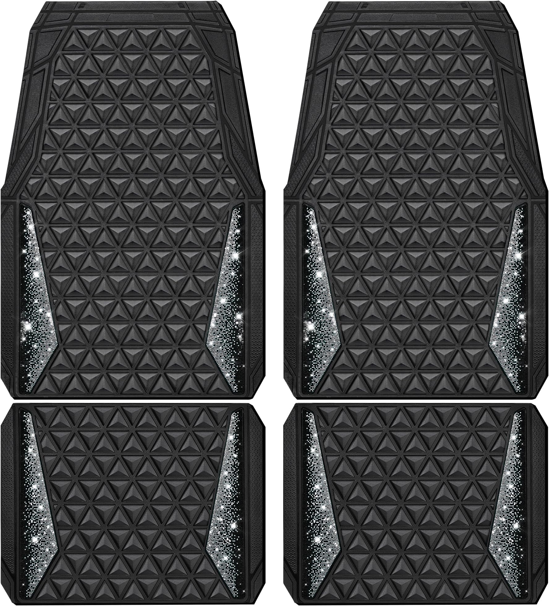 Bling Diamond Car Mats Rubber Floor Mats Full Set Anti-Slip 3D Rhombus Waterproof Trim to Fit Liner Universal Glitter Crystal Sparkly Shining Rhinestone Girl Women SUV Sedan Van, Black Silver