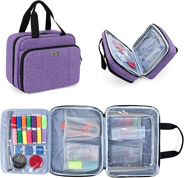 Luxja Large Sewing Organiser with 3 Inner Sections (Fold up Easily), Sewing Supply Organiser with Versatile Pockets (No Accessories Included), Purple