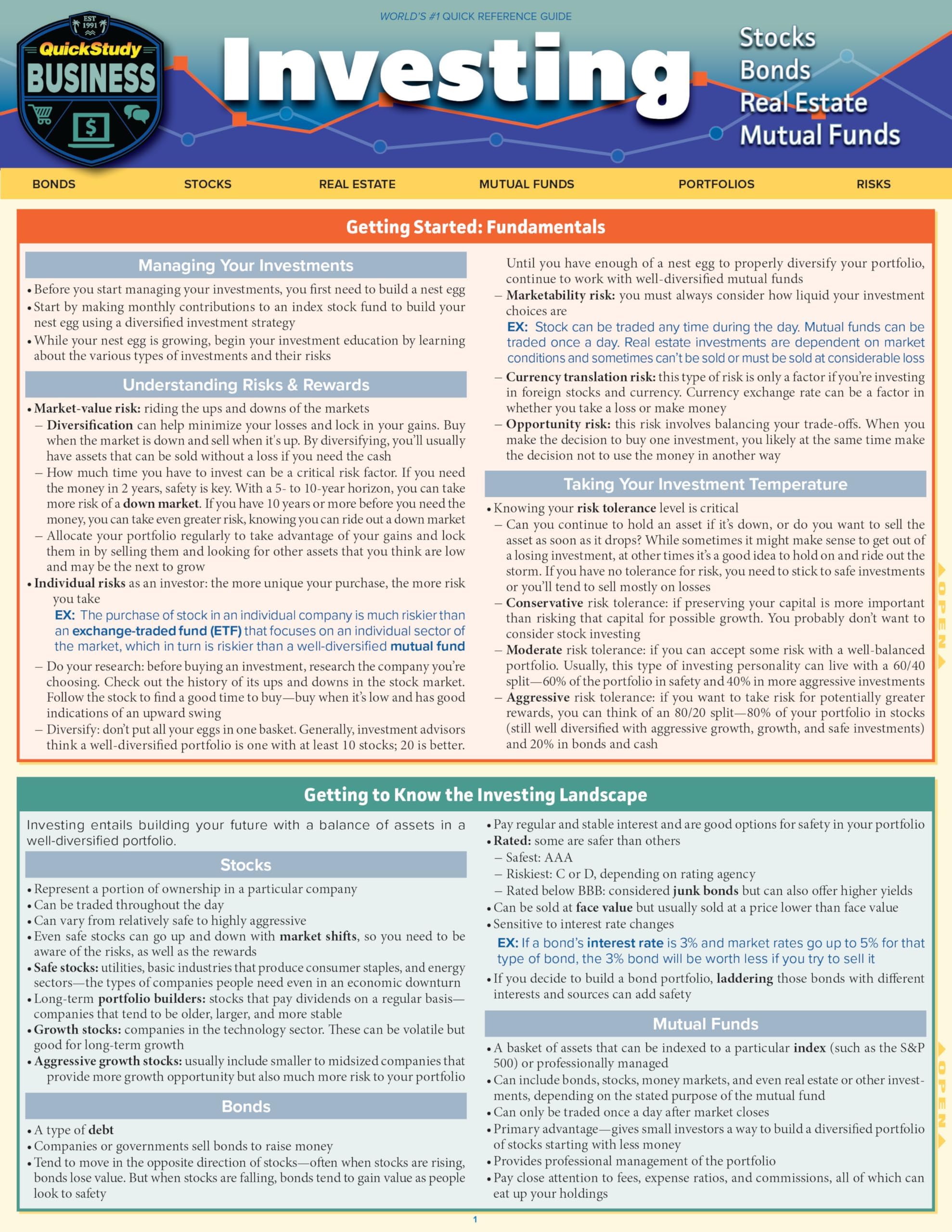 Investing - Stocks, Bonds, Real Estate, Mutual Funds: Quickstudy Laminated Reference Guide