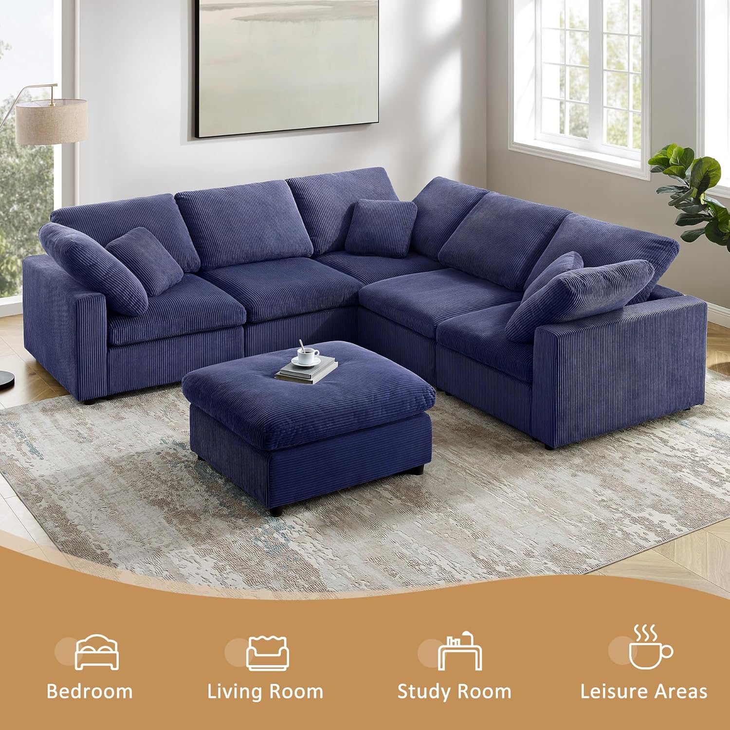 143" Super Large Modular Sectional Sofa for Living Room U Shaped, Convertible Comfy Corduroy Cloud Couch with Ottoman, Modern Sleeper Chaise for Large Apartment Office (U Shaped, Blue)